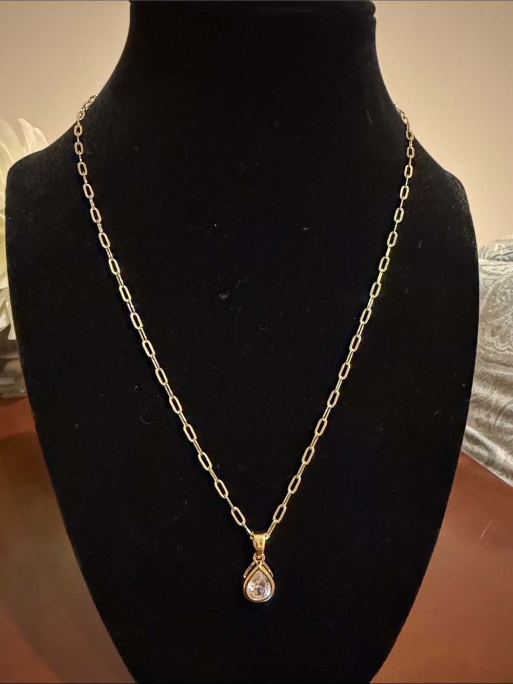 Gold Teardrop Pendant Necklace with Clear cz stone.
